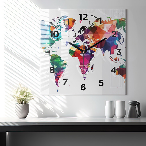Square wall clock World map triangles