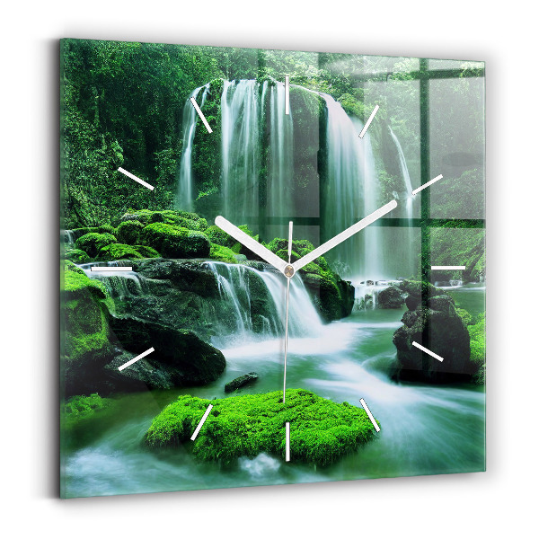 Square wall clock Waterfall among the moss