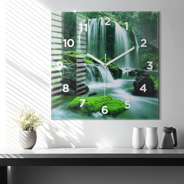 Square wall clock Waterfall among the moss