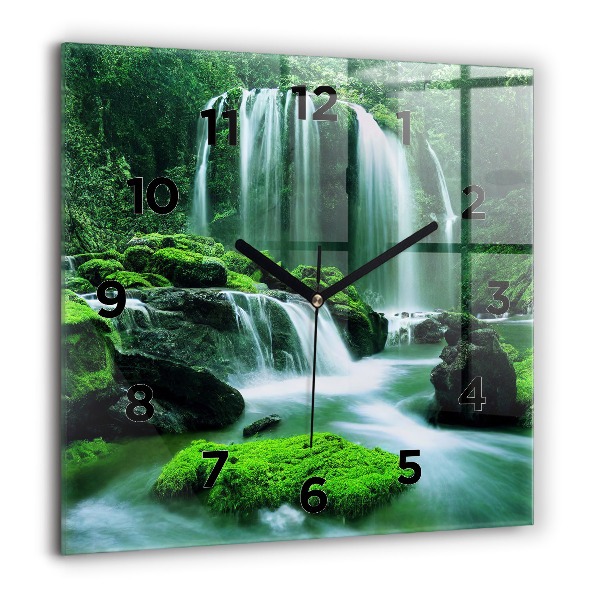 Square wall clock Waterfall among the moss