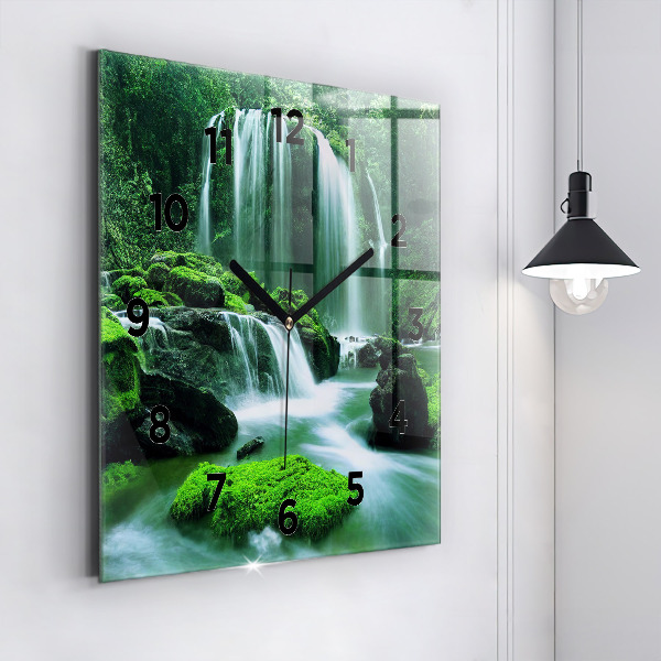 Square wall clock Waterfall among the moss