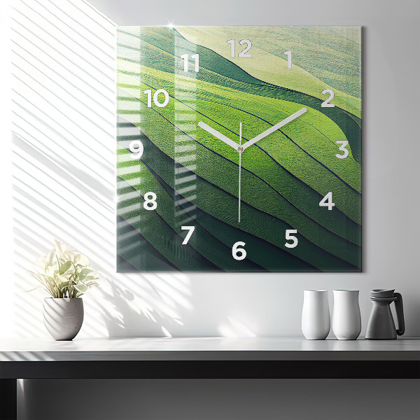 Square wall clock Green fields abstract