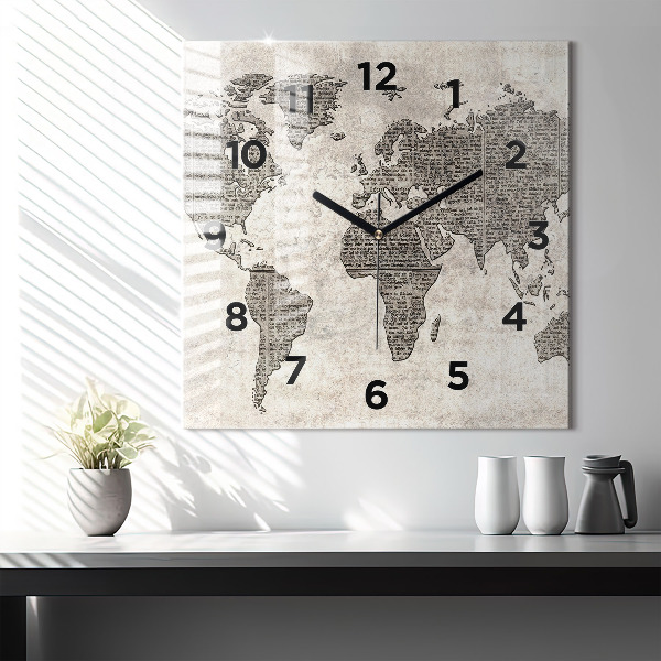 Square wall clock World map newspaper