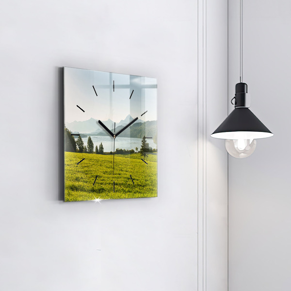 Square wall clock Mountains and field