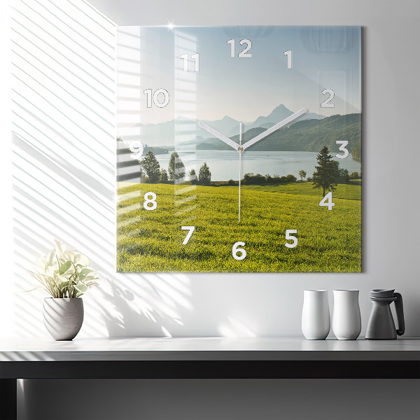 Square wall clock Mountains and field