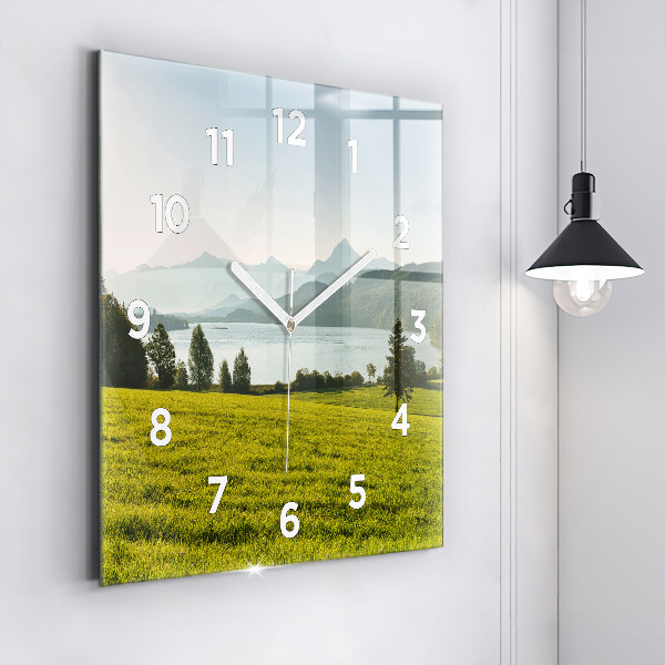 Square wall clock Mountains and field