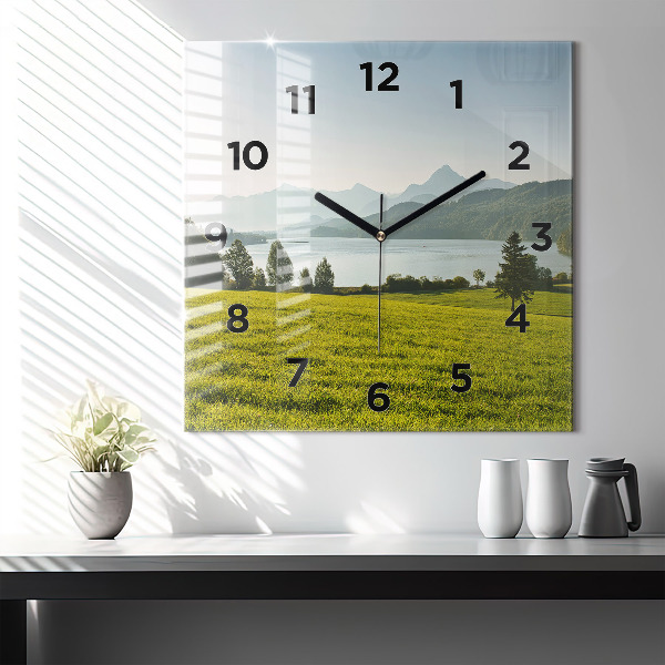 Square wall clock Mountains and field
