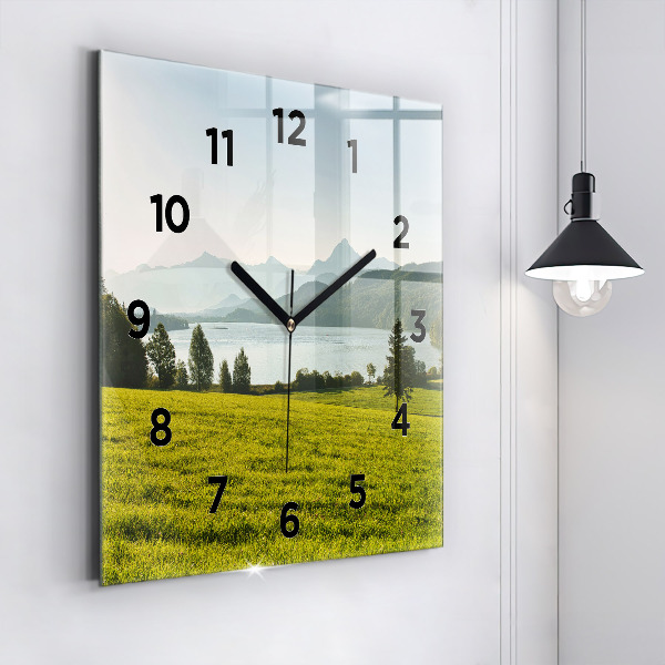 Square wall clock Mountains and field