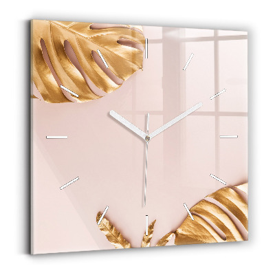 Square wall clock Golden tropical leaves