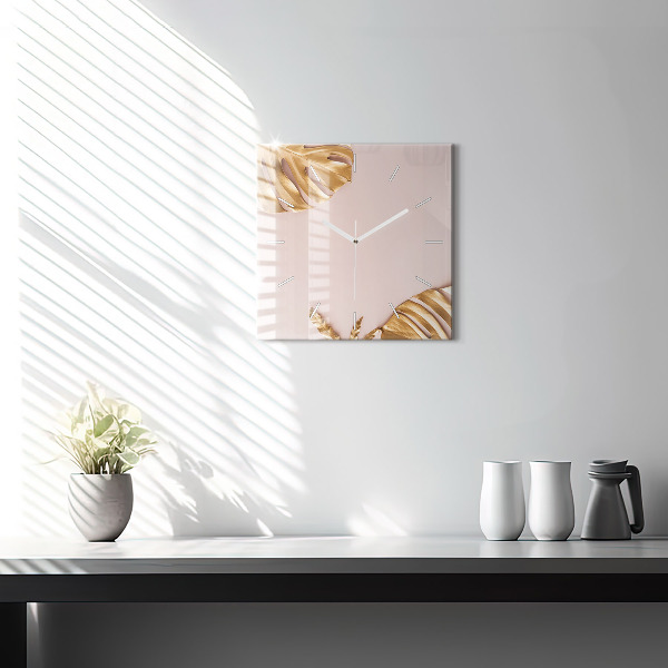 Square wall clock Golden tropical leaves