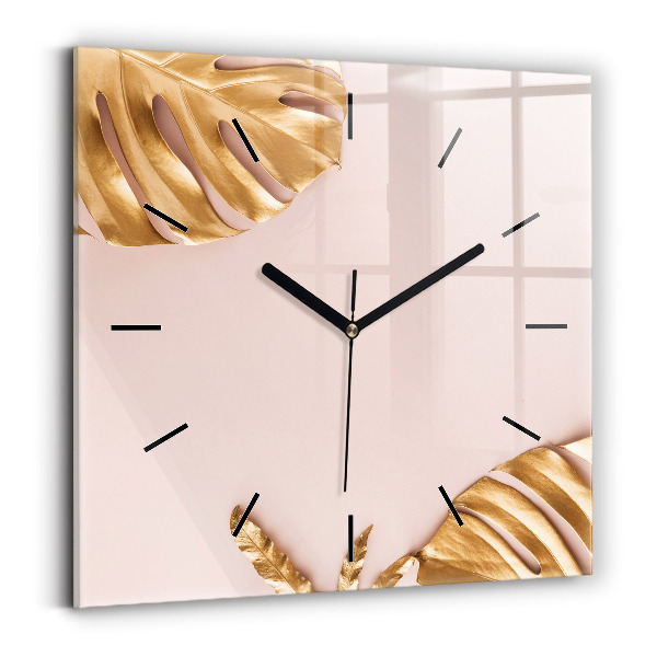 Square wall clock Golden tropical leaves