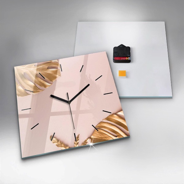 Square wall clock Golden tropical leaves