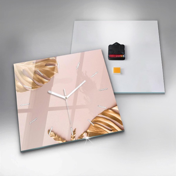 Square wall clock Golden tropical leaves