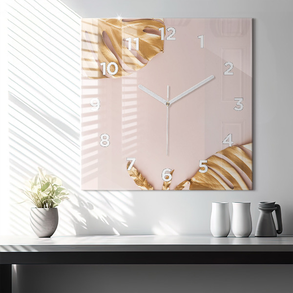 Square wall clock Golden tropical leaves