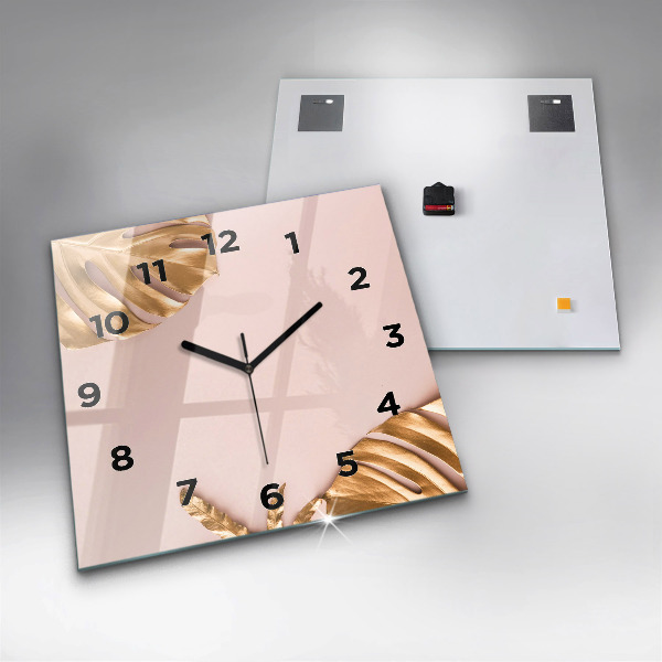Square wall clock Golden tropical leaves