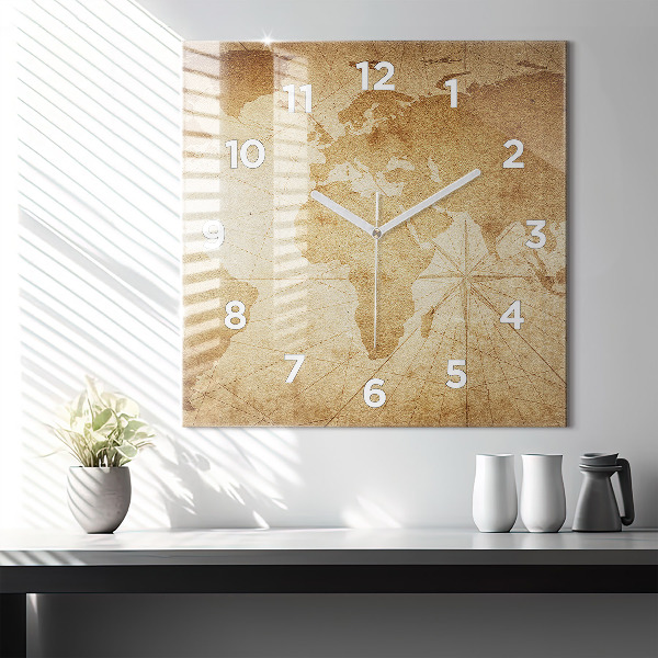 Square wall clock Vintage world map