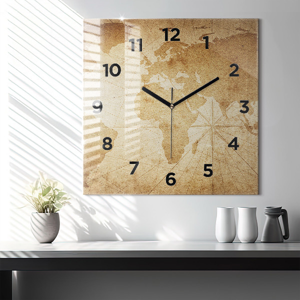 Square wall clock Vintage world map