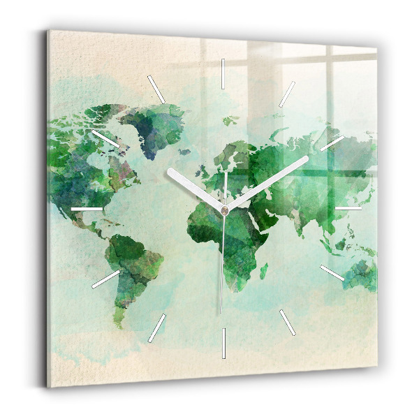 Square wall clock Watercolor world map