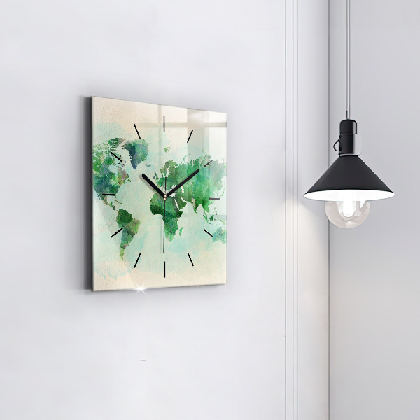 Square wall clock Watercolor world map