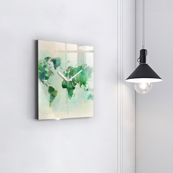 Square wall clock Watercolor world map