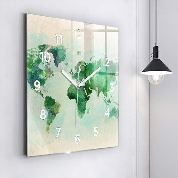 Square wall clock Watercolor world map