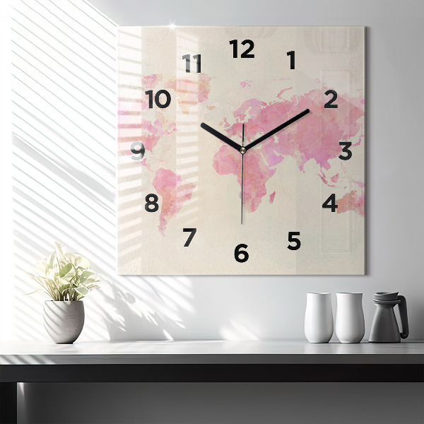Square wall clock Watercolor world map