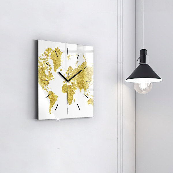Square wall clock Golden map of the world