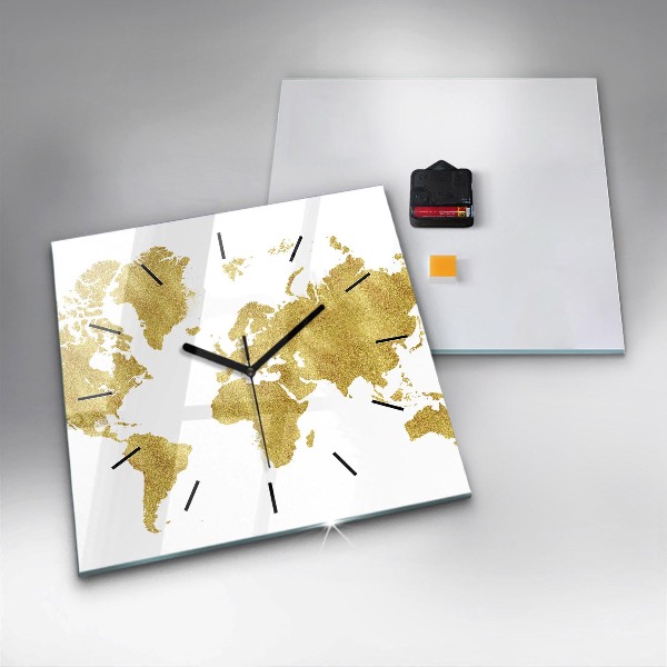 Square wall clock Golden map of the world