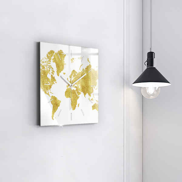 Square wall clock Golden map of the world