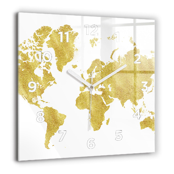 Square wall clock Golden map of the world