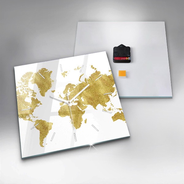 Square wall clock Golden map of the world