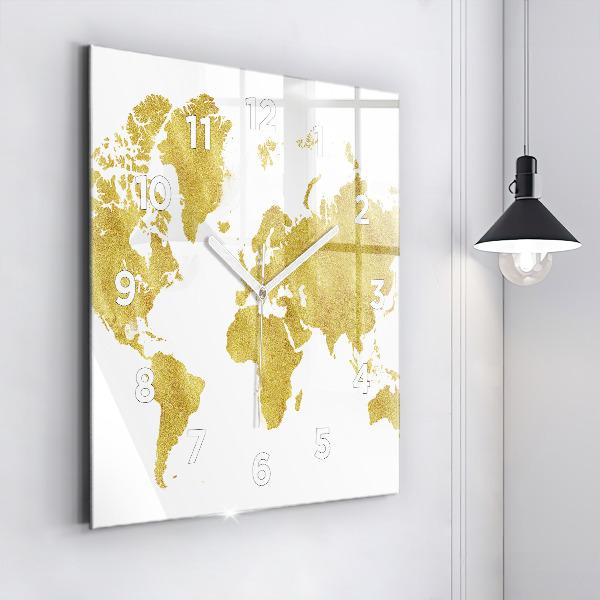 Square wall clock Golden map of the world