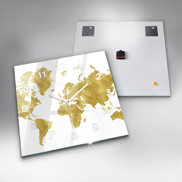 Square wall clock Golden map of the world