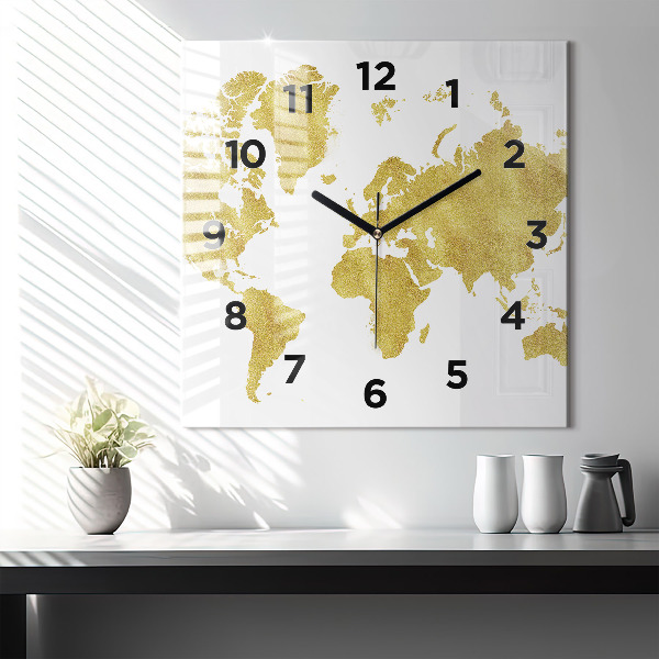 Square wall clock Golden map of the world
