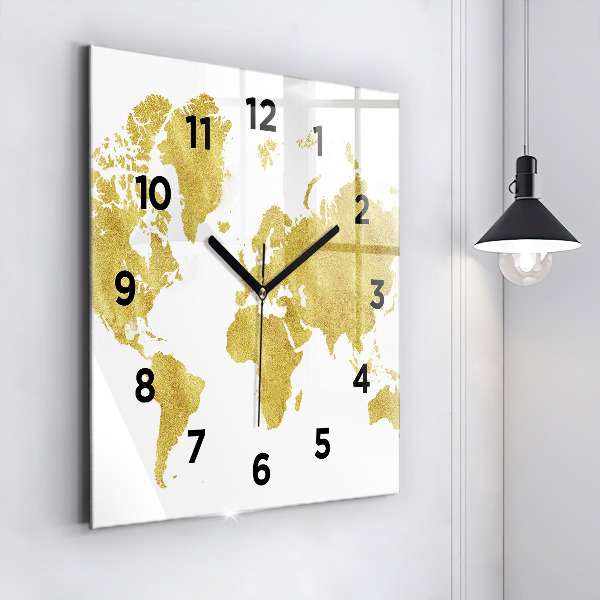 Square wall clock Golden map of the world