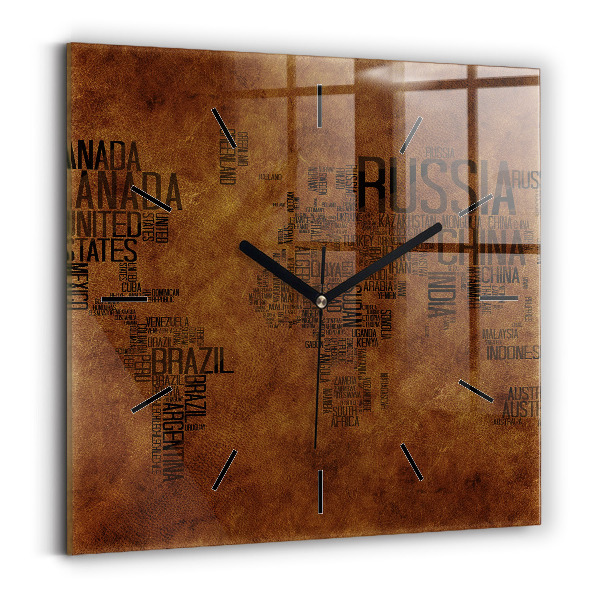 Square wall clock Map and country names