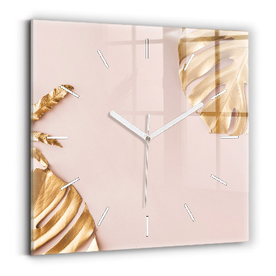 Square wall clock Golden tropical leaves