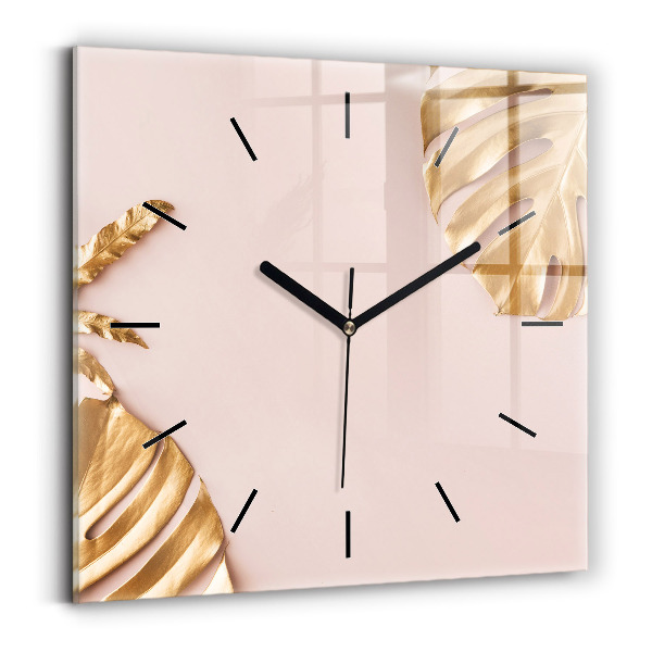 Square wall clock Golden tropical leaves