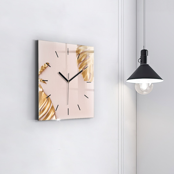 Square wall clock Golden tropical leaves