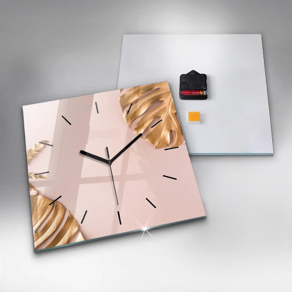 Square wall clock Golden tropical leaves