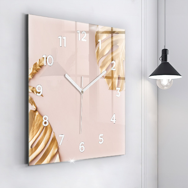 Square wall clock Golden tropical leaves