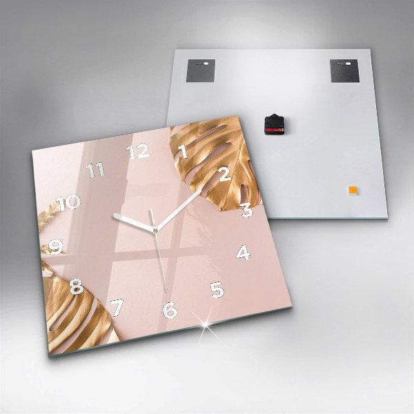Square wall clock Golden tropical leaves