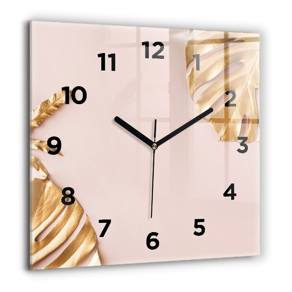 Square wall clock Golden tropical leaves