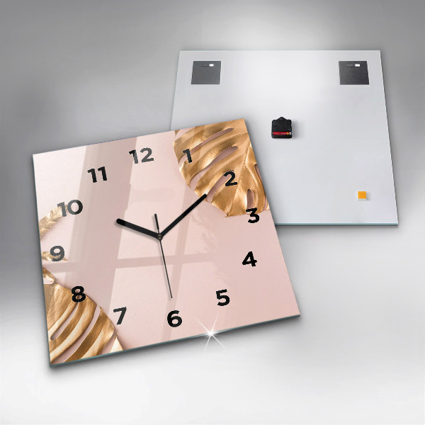 Square wall clock Golden tropical leaves