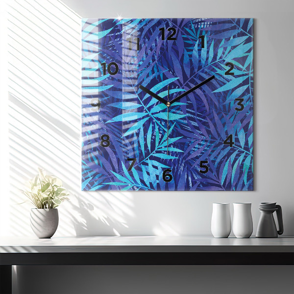 Square wall clock Blue leaves
