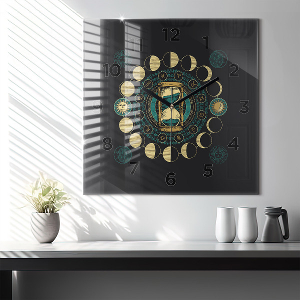Square wall clock Moon phases and hourglass