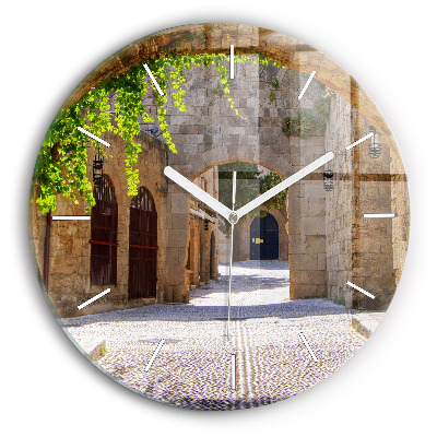 Round glass wall clock Picturesque street of Rhodes