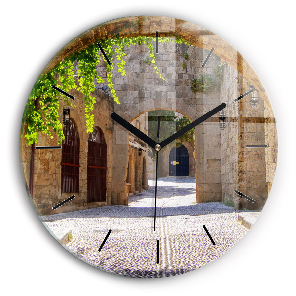 Round glass wall clock Picturesque street of Rhodes