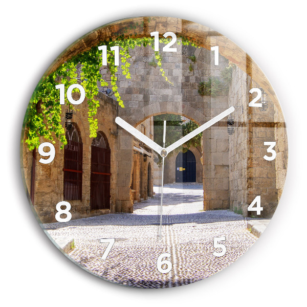 Round glass wall clock Picturesque street of Rhodes