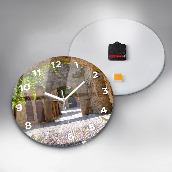Round glass wall clock Picturesque street of Rhodes